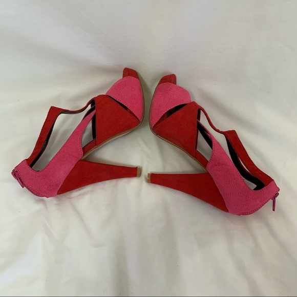 Liliana Red suede red pink straps hidden platform heel sandals duo tone peep toe - Picture 8 of 16